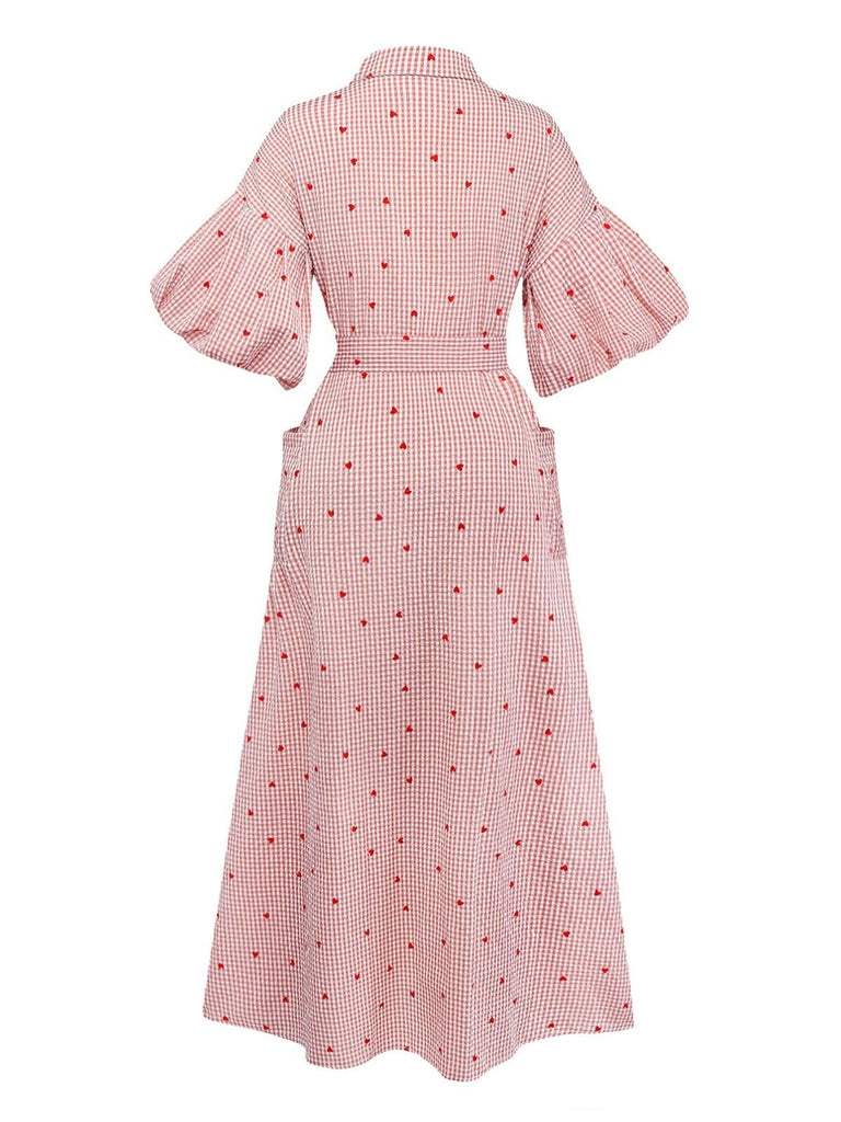Pink 1940s Plaid Heart Lantern Sleeve Belted Dress
