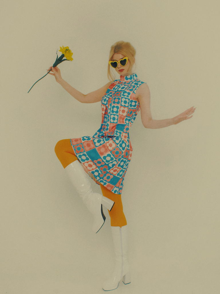 Orange & Blue 1960s Floral Stand Collar Dress