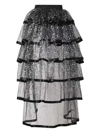Black 1950S Glitter Tulle Tiered Ruffle Maxi Underskirt