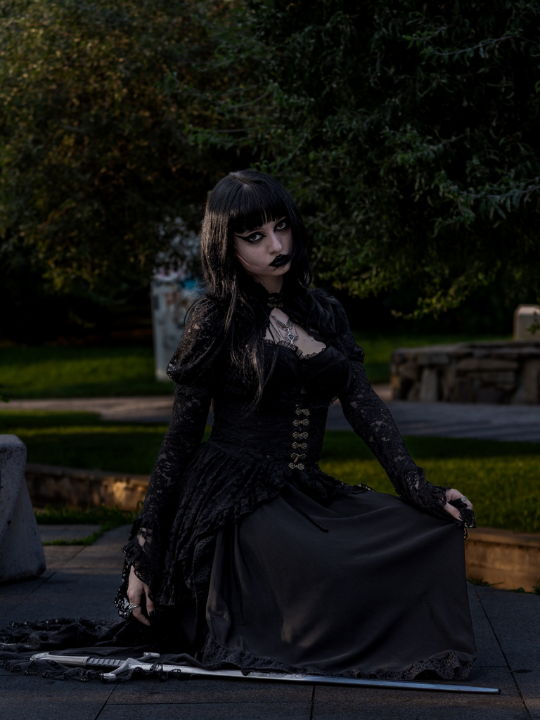 Black 1980s Gigot Sleeve Victorian Lace Dress