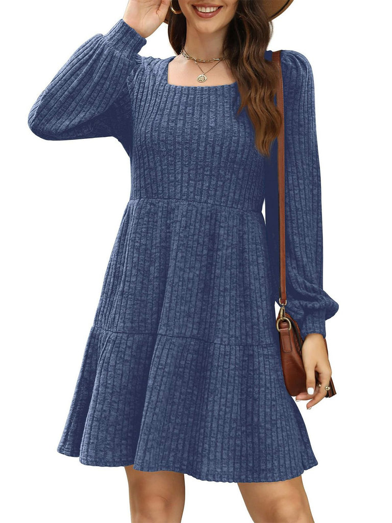 1950s Solid Ribbed Square Neck Long-Sleeve Dress