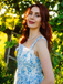 Light Blue 1940s Square Neck Starry Night Bow Swing Dress