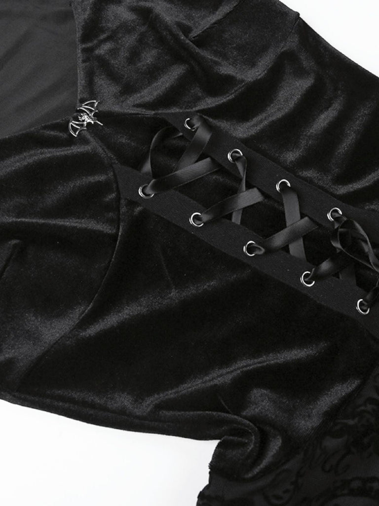 Black 1960s Gothic Flocked Dress