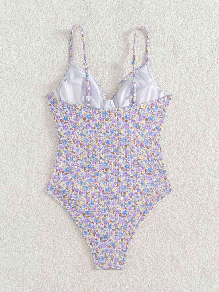 Purple 1950s Ditsy Floral Lace-Up One-Piece Swimsuit