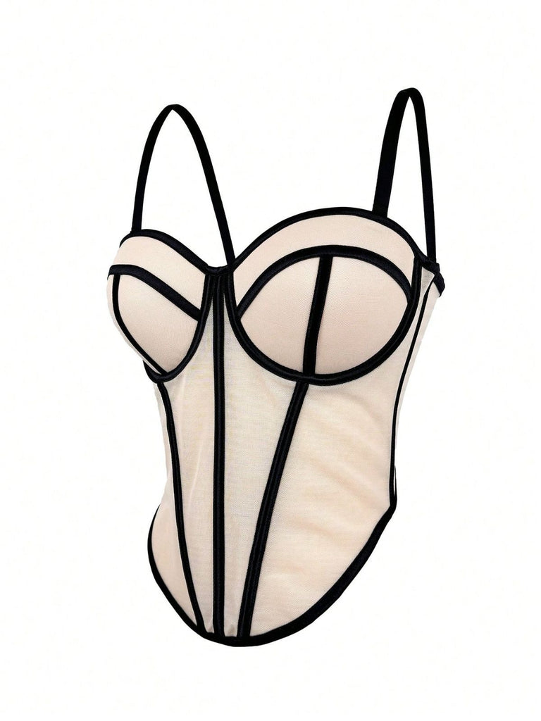 Beige 1980s Sheer Steampunk Herringbone Corset