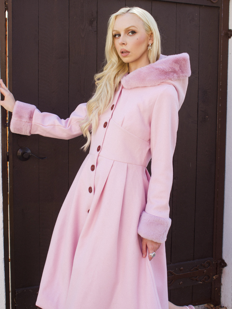 Pink 1950s Faux-Wool Hooded Button Coat