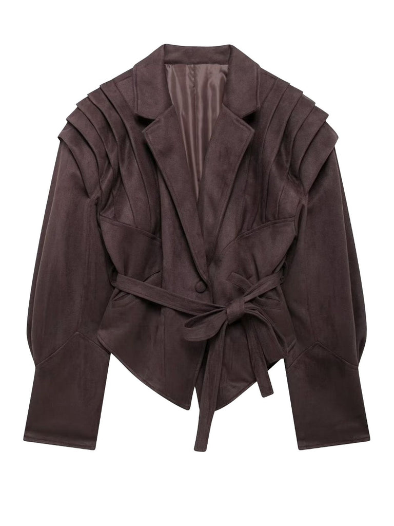 1980s Solid Button V-Neck Lace-Up Jacket