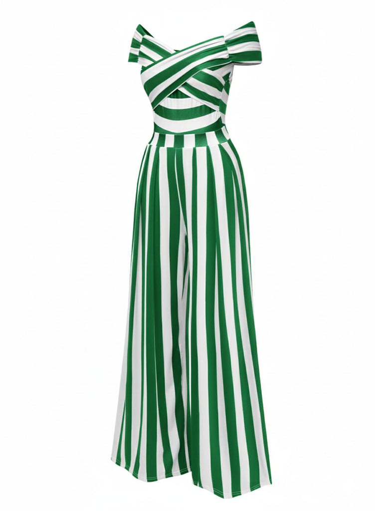 [Pre-Sale] Green 1960s Off-Shoulder Stripes Jumpsuit