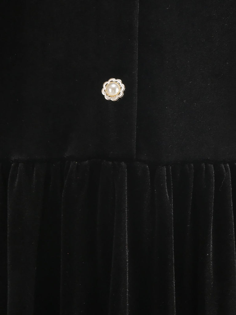 Black 1950s Velvet  Knitted Collar Pearl Button Dress