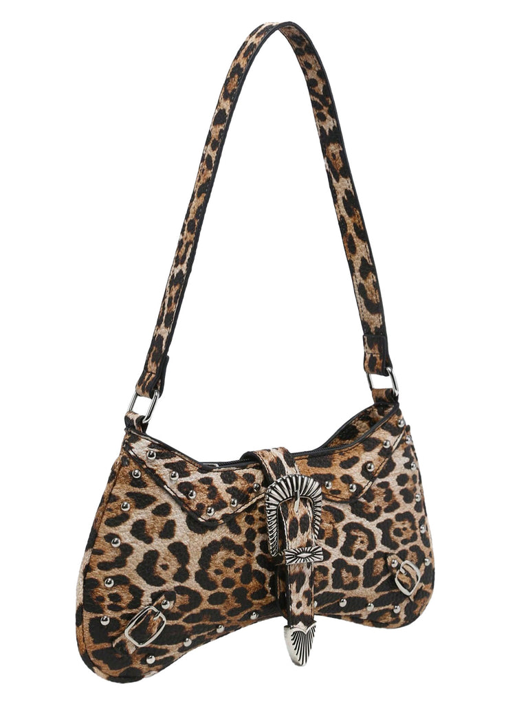 Vintage Leopard Studded Shoulder Bag