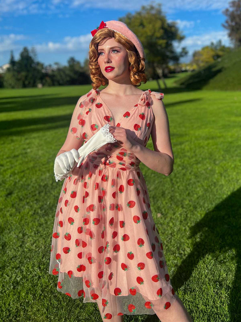 Pink 1950s Strawberry Mesh Swing Dress