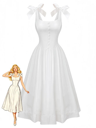 White 1940s Solid Lace-Up Button Dress