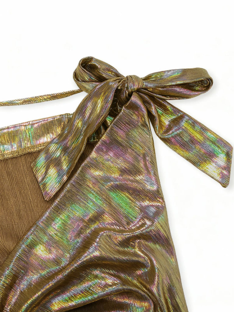 Gold 1930s Metallic Textured Bow Cowl Neck Dress