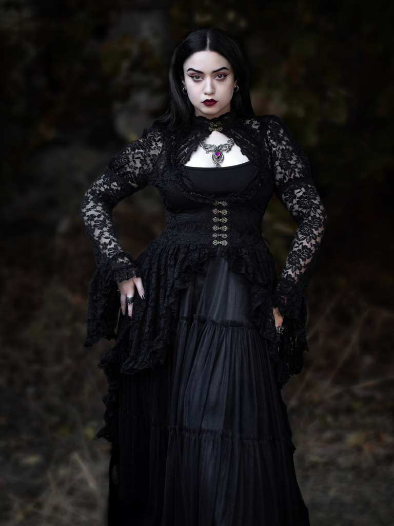 Black 1980s Gigot Sleeve Victorian Lace Dress