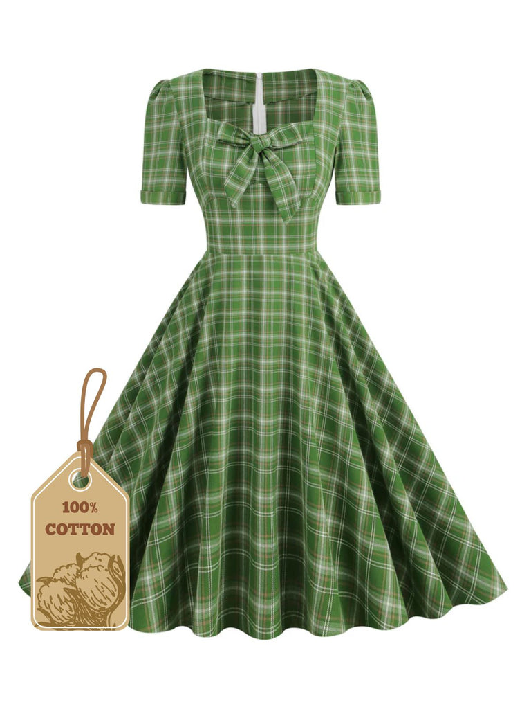 1950s Gingham Plaid Square Neck Flared Dress