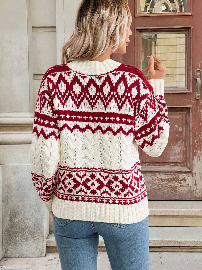 Red & White 1950s Christmas Fair Isle Knit Sweater