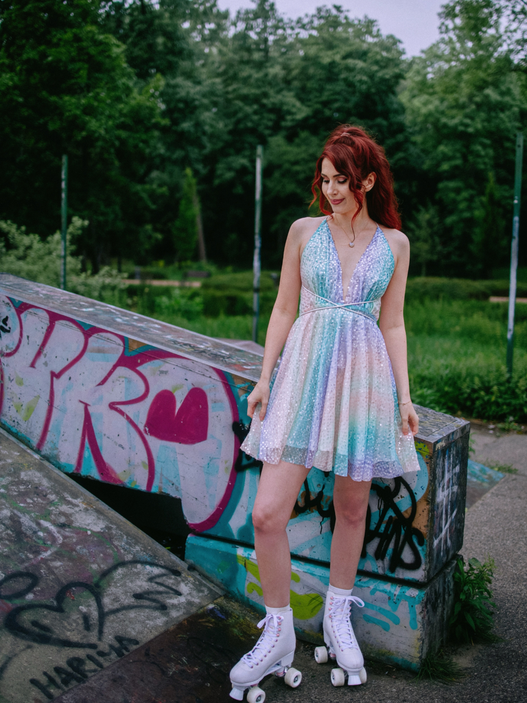 Y2K Rainbow Sequins Deep V-Neck Backless Dress