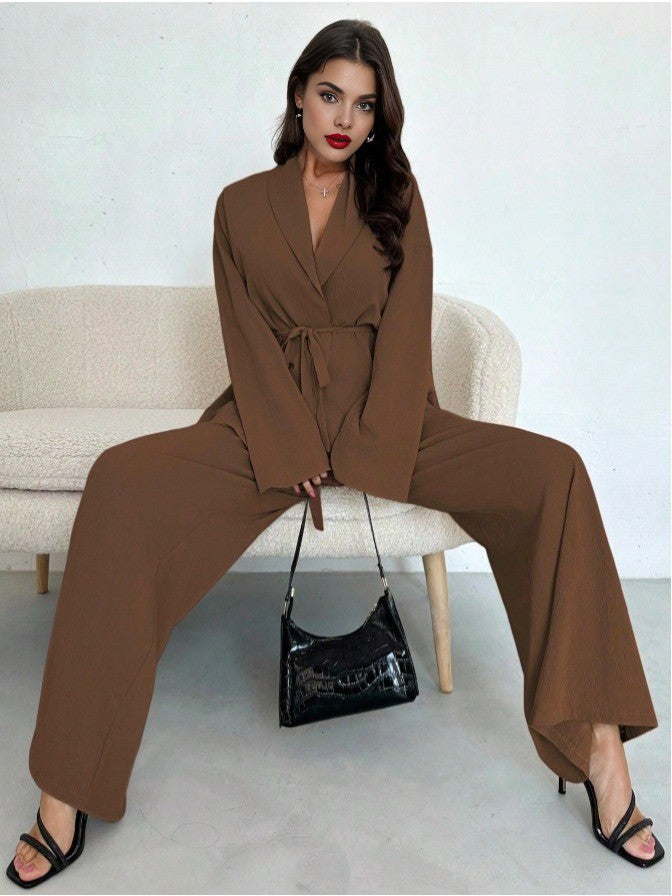 2PCS 1960s Solid Lace-Up Blazer & Pants Set