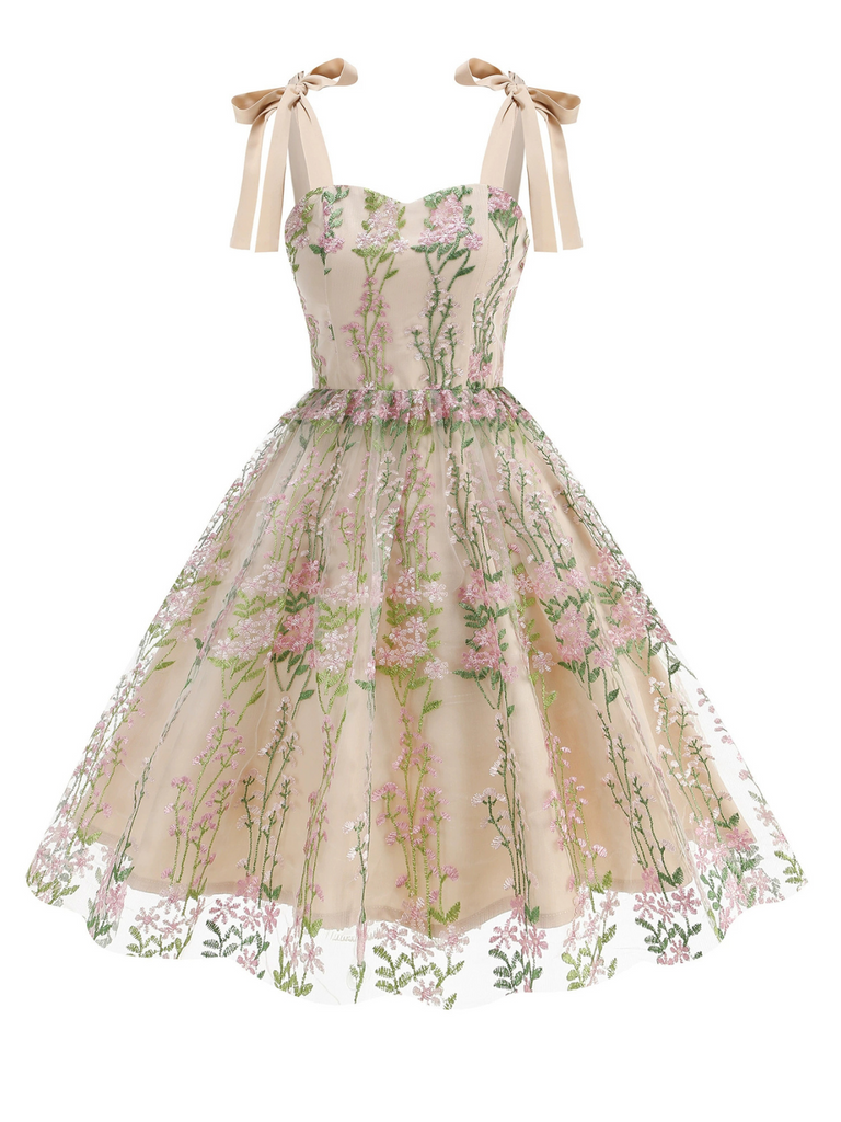 1950s Embroidered Mesh Lace-Up Sweetheart Neck Dress