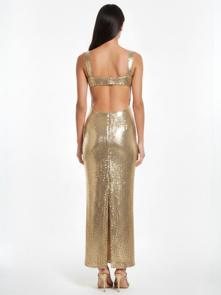 Gold Sequined Backless Evening Maxi Dress