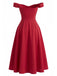 Red 1950s Solid Off-Shoulder Slit Fishbone Dress