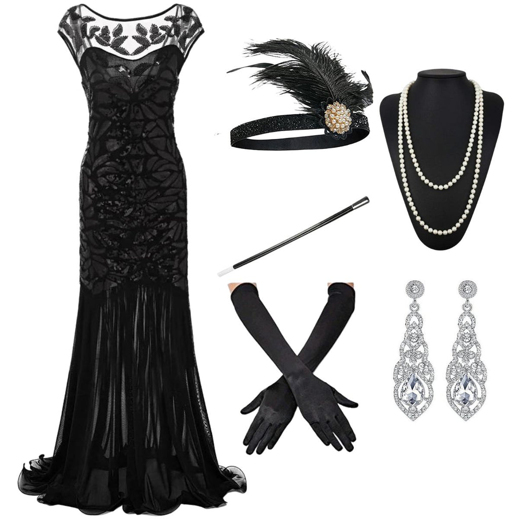 [US Warehouse] Black 1920s Sequin Maxi Flapper Dress & 5PCS Accessories