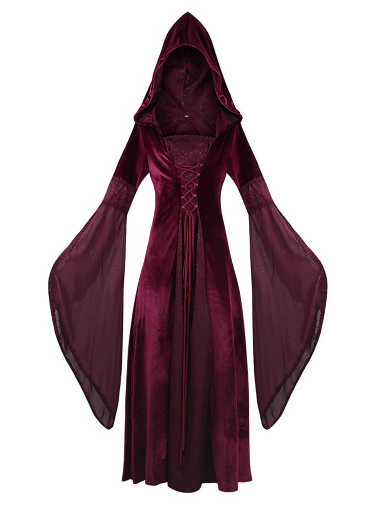 1980s Velvet Medieval Lace-Up Hooded Dress