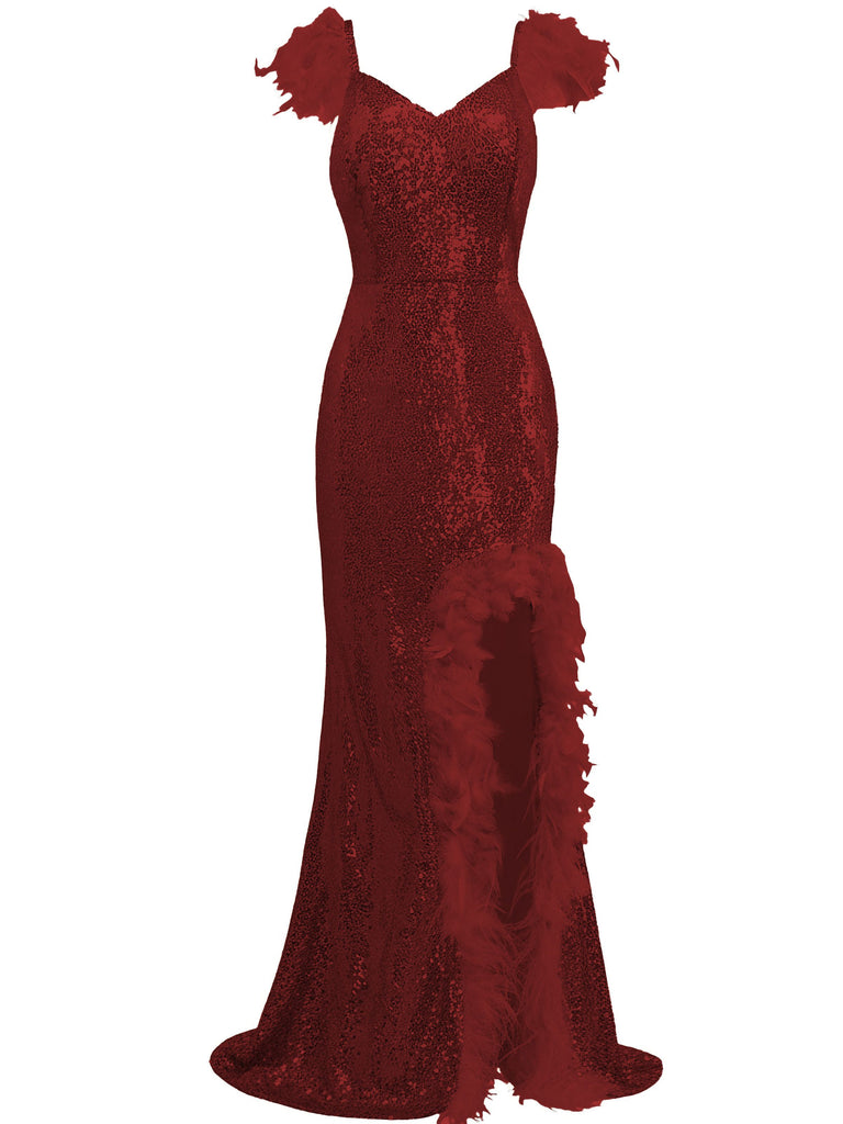 1930s V-Neck Feather Strap High Slit Sequined Dress