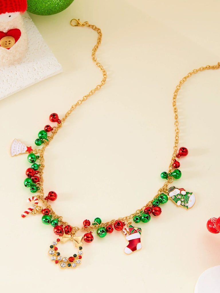 Christmas Bells Candy Cane Wreath Pendants Necklace