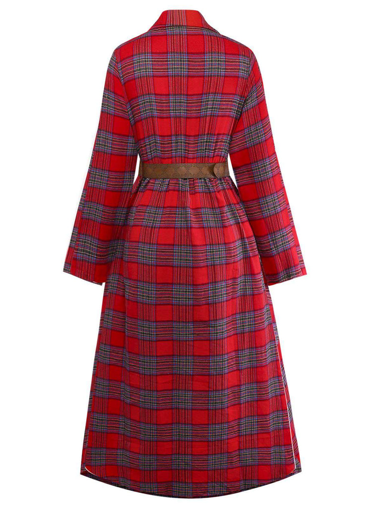 1940s Tartan Plaid Long Sleeve Belted Shirt Dress