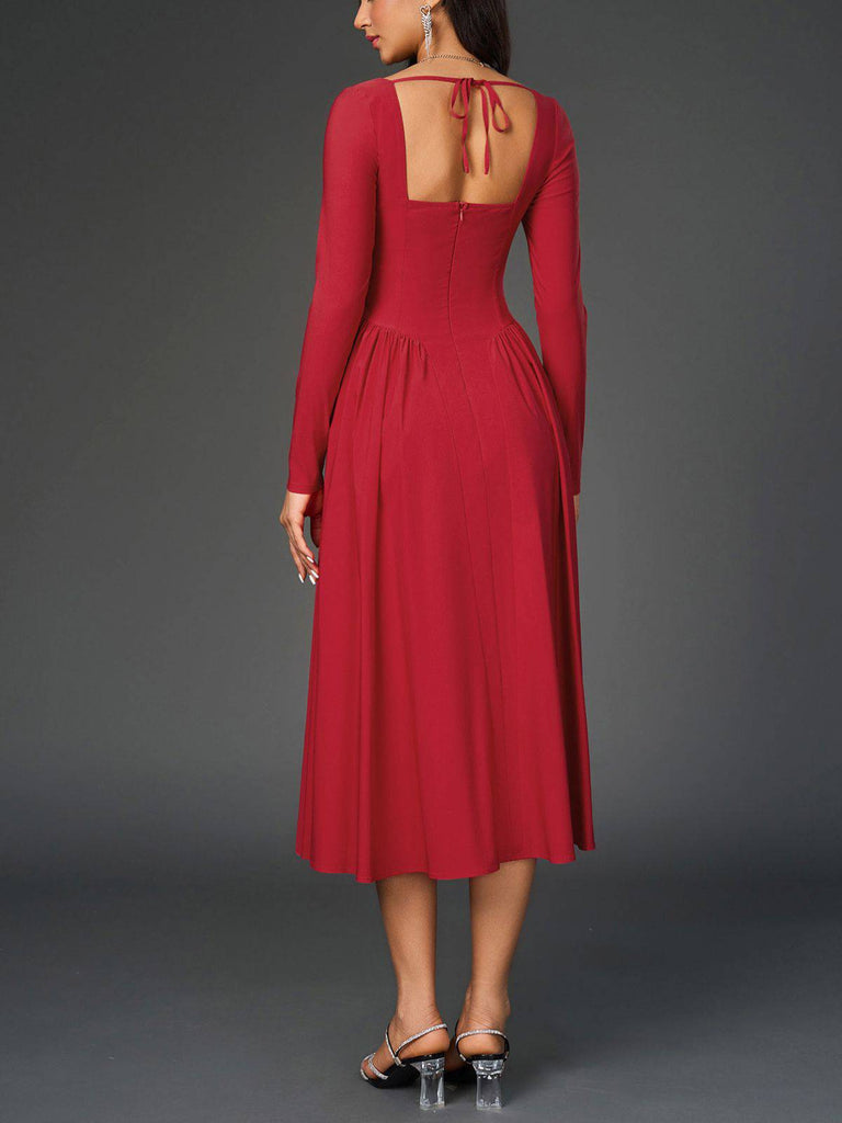 1960s Backless Lace-Up Pleated Midi Dress