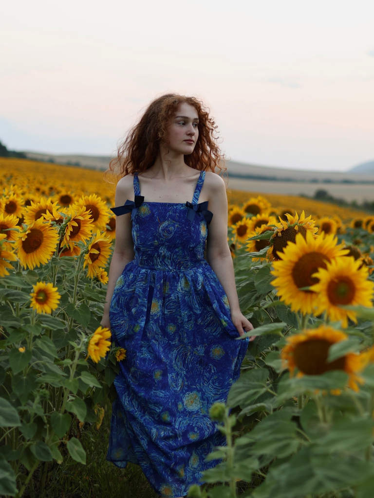 Blue 1940s Square Neck Starry Night Bow Swing Dress