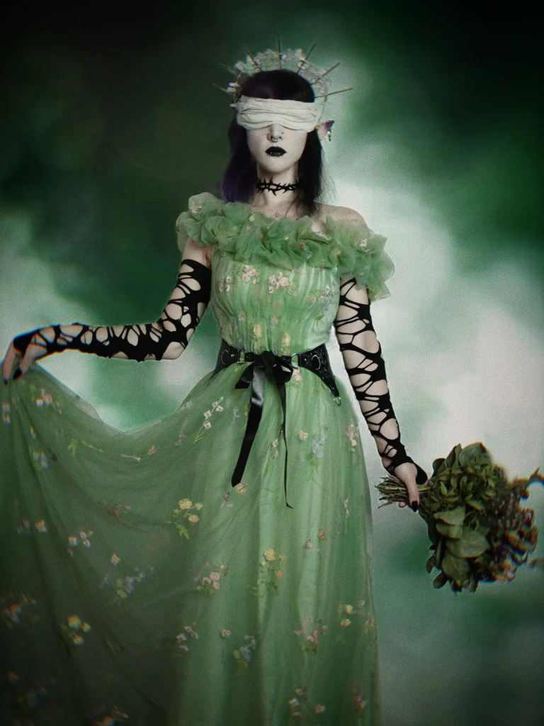 Green 1930s Floral Embroidered Mesh Strapless Dress