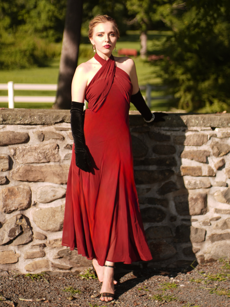 1930s Solid Chiffon Criss Cross Strapless Convertible Dress