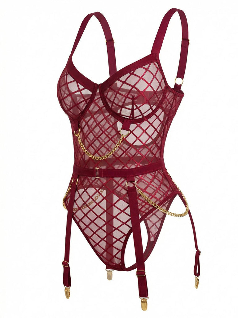 1970s Strappy Chain Accents Sheer Mesh Lingerie