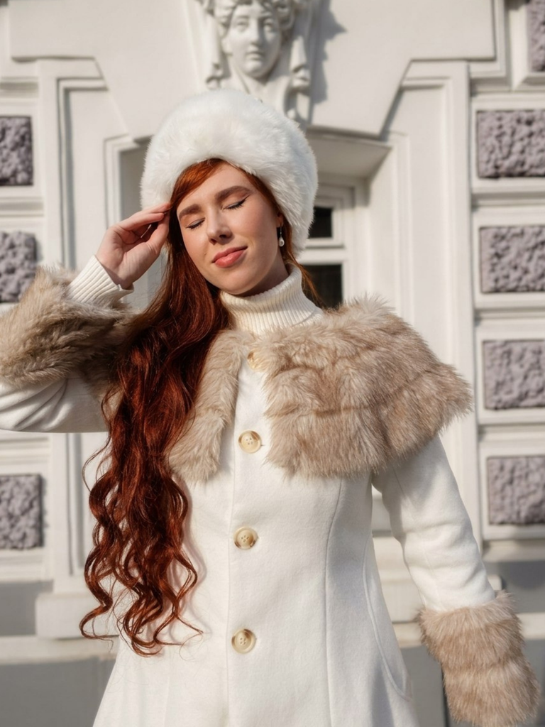 Cream 1950s Multi-Layer Fur Collar Patchwork Coat