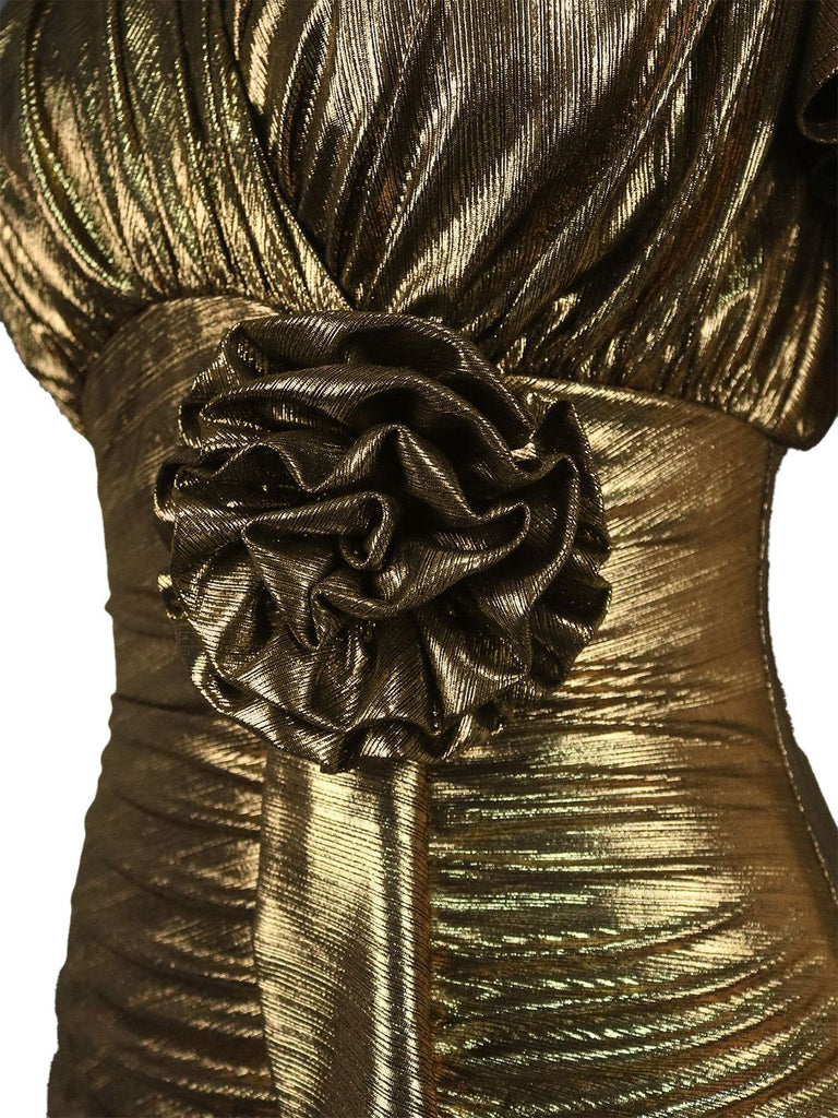 1930s Metallic Textured Floral Cinched Waist Fishtail Dress