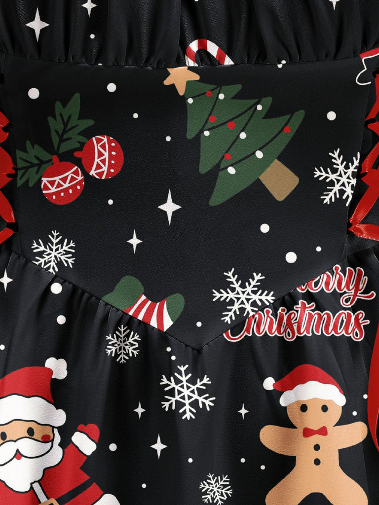 Black 1950s Christmas Print Lace-Up Dress