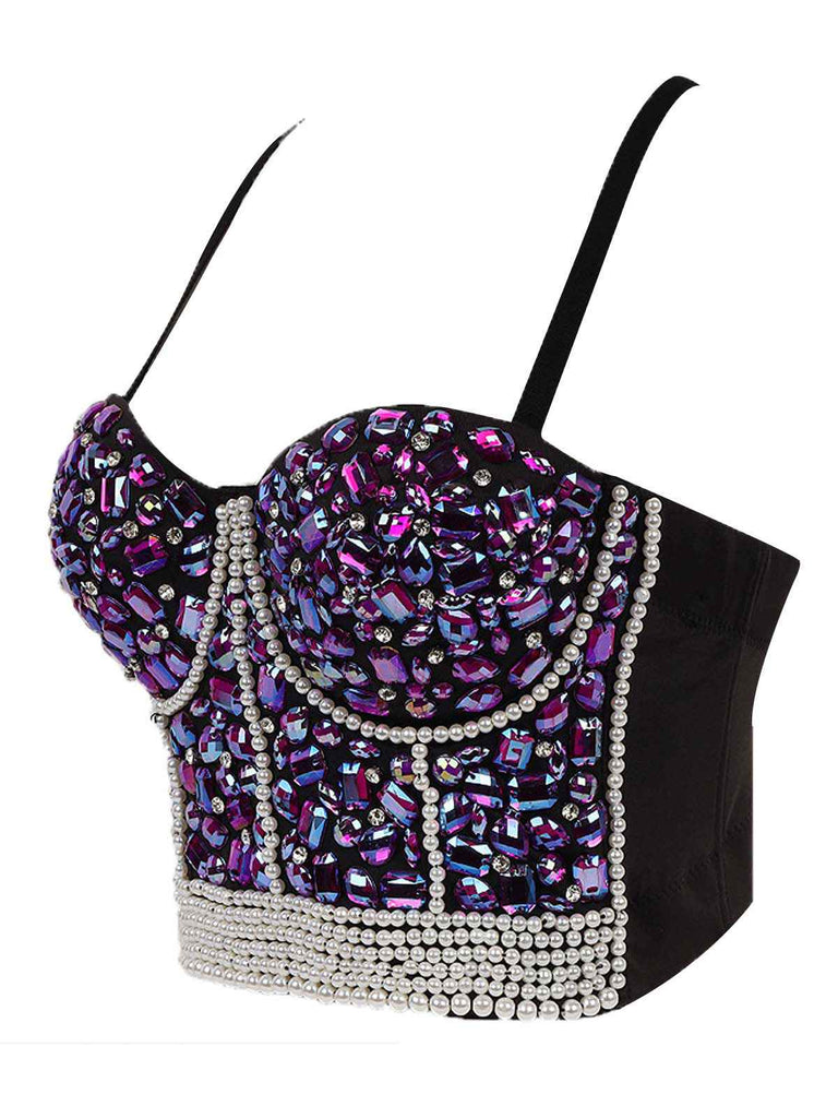 1970s Rhinestone Pearl Spaghetti Strap Corset Top