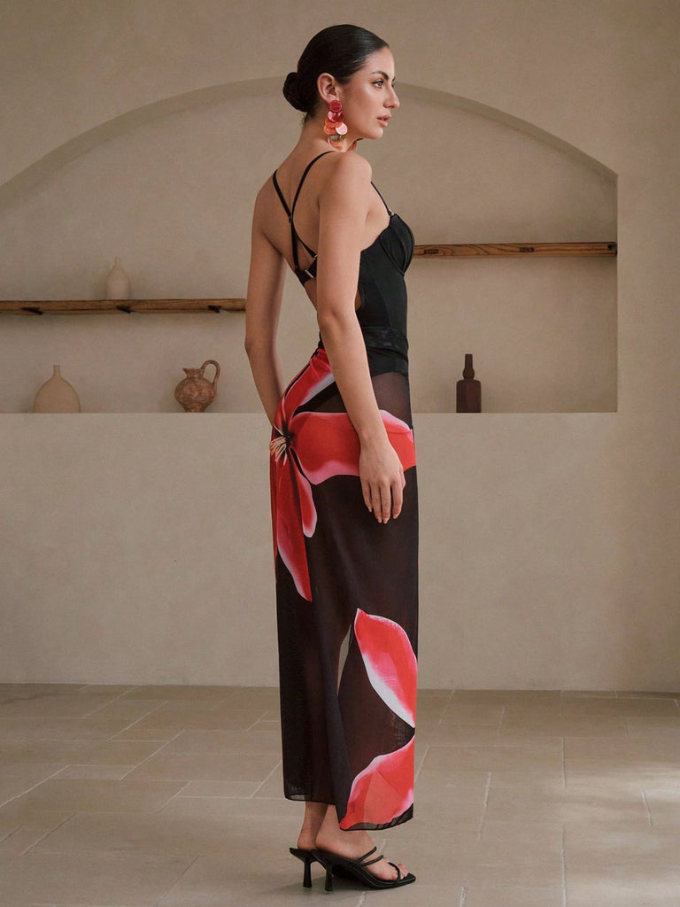 2PCS Black 1950s Floral Swimsuit & Cover-Up