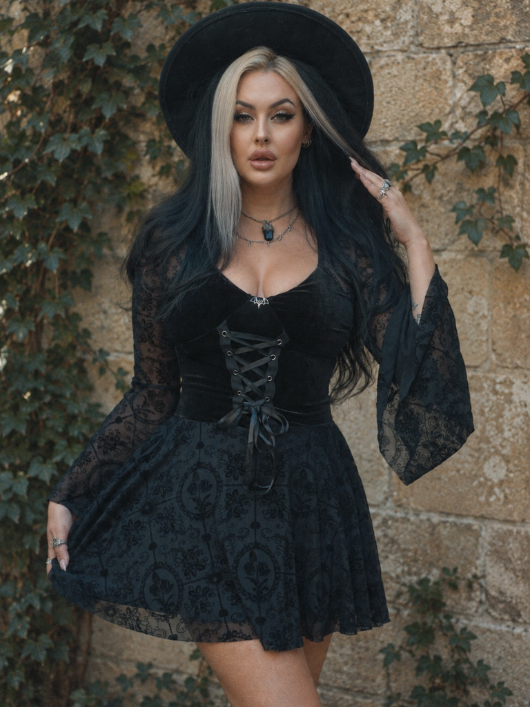 Black 1960s Gothic Flocked Dress