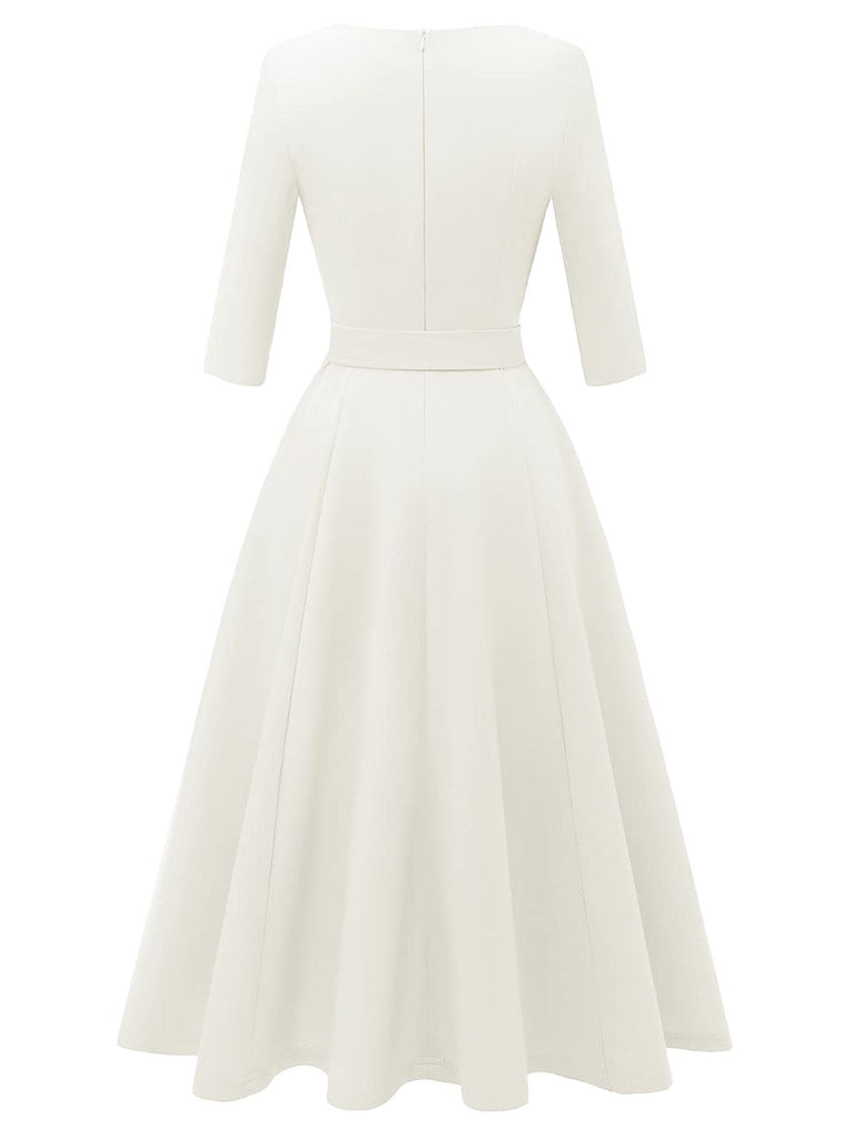 1940s Solid Fit Bow 3/4 Sleeves Swing Dress