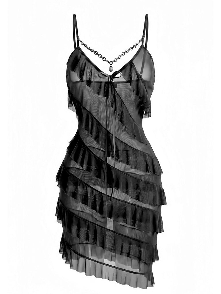 1960s Chain Pearl Ruffled Spaghetti Strap Nightgown