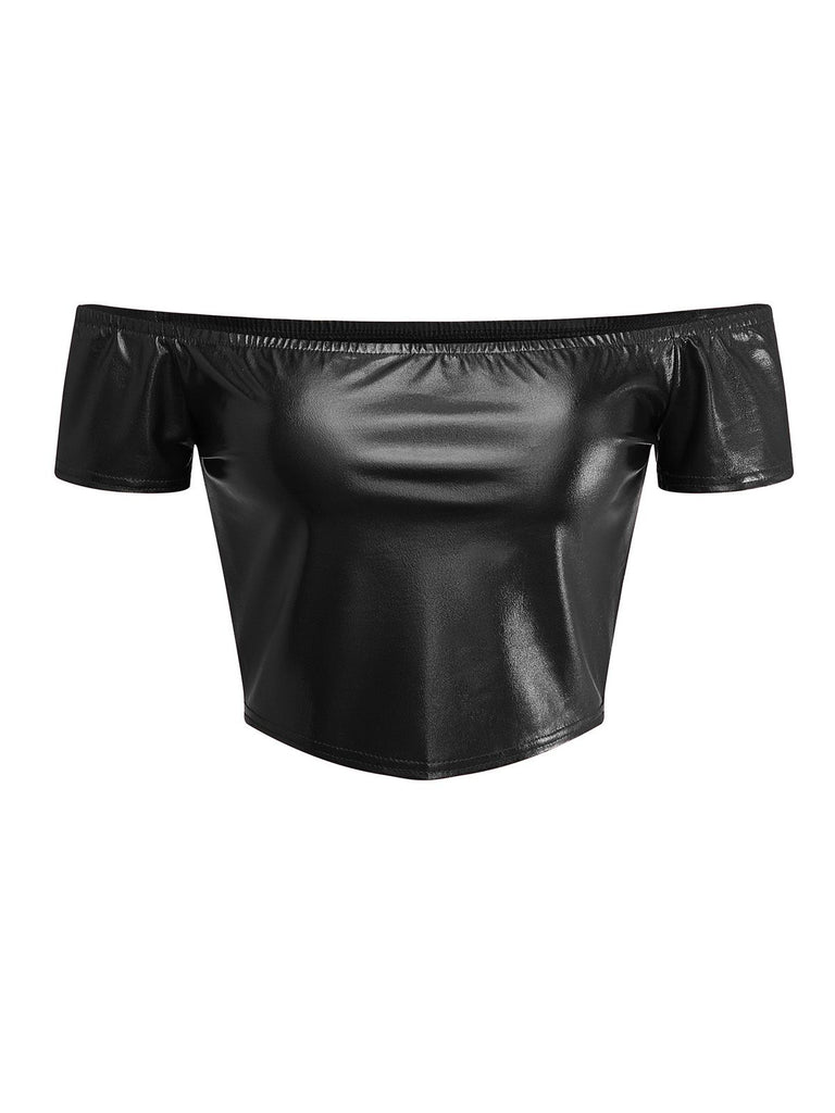 1970s Disco Metallic Off-Shoulder Short Sleeve Top