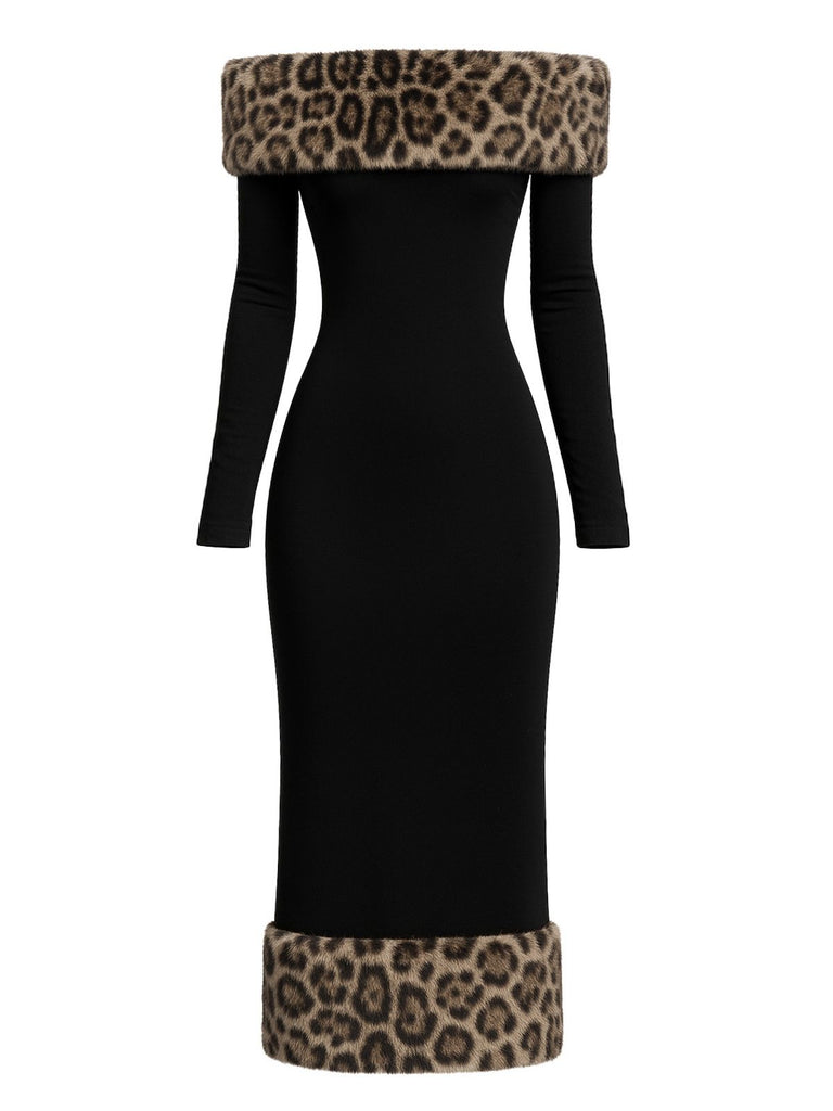 Black 1930s Leopard Fur Patchwork One-shoulder Dress