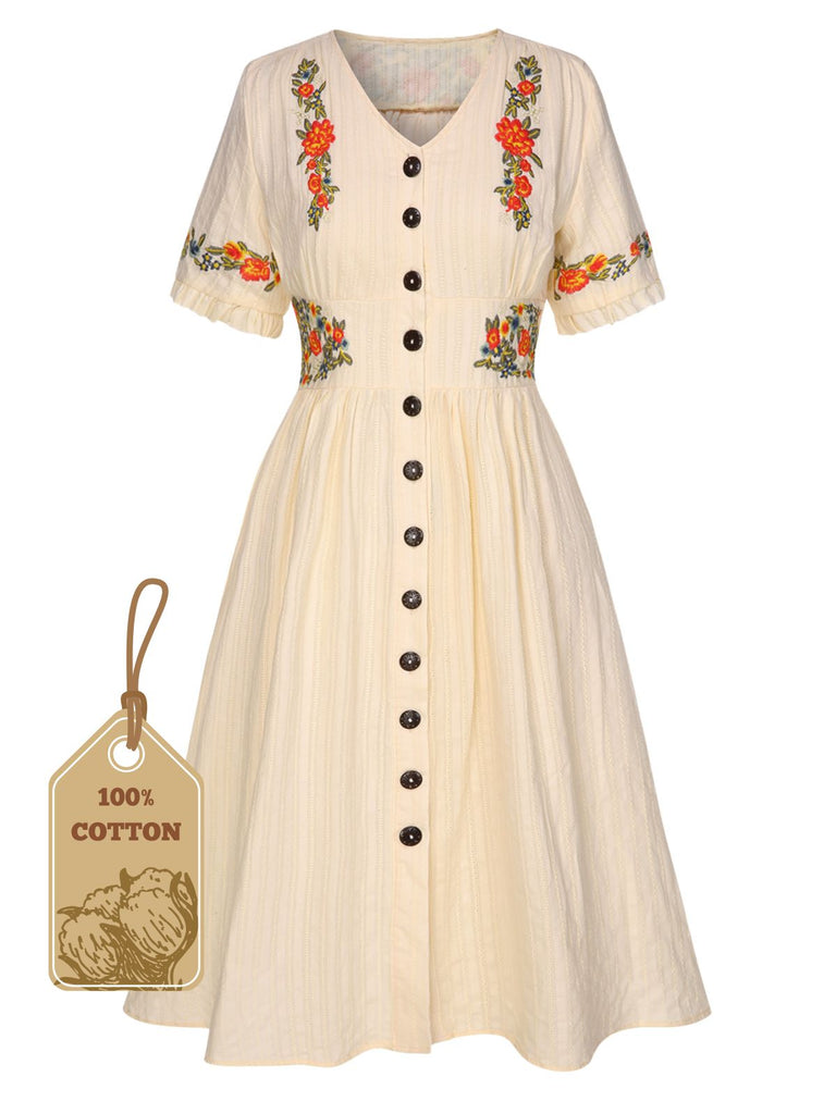 [Plus Size] Pure Cotton Beige 1940s V-Neck Floral Dress