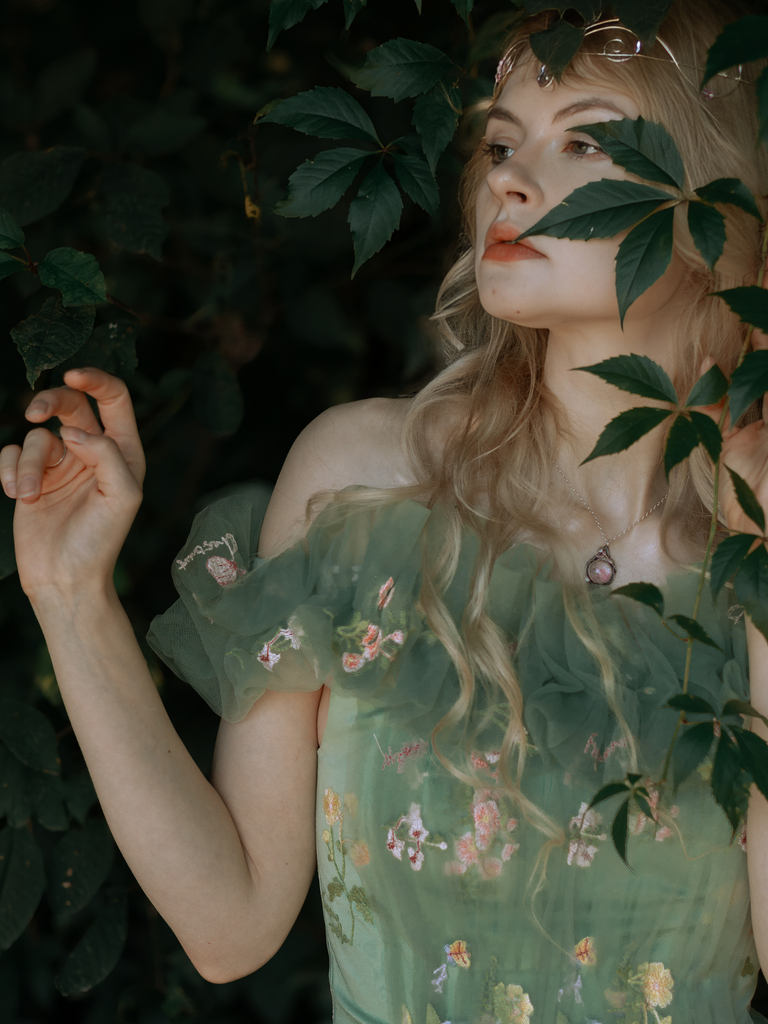 Green 1930s Floral Embroidered Mesh Strapless Dress