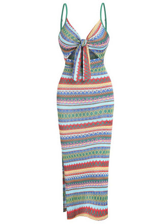 1970s Strap Colorful Stripes Lace-Up Boho Dress