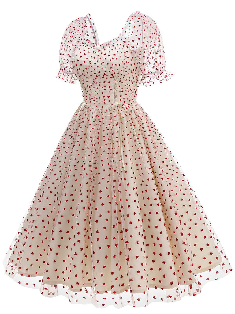 1950s Puff Sleeve Valentine Heart Mesh Dress