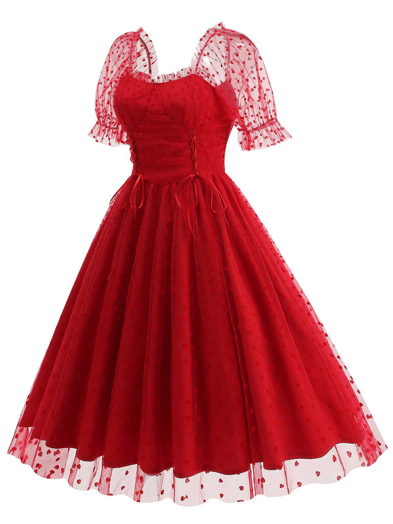 1950s Puff Sleeve Valentine Heart Mesh Dress